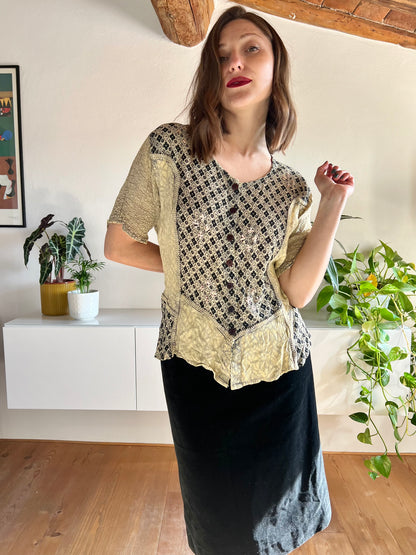 1990's vintage black and beige floral print blouse with sequin details