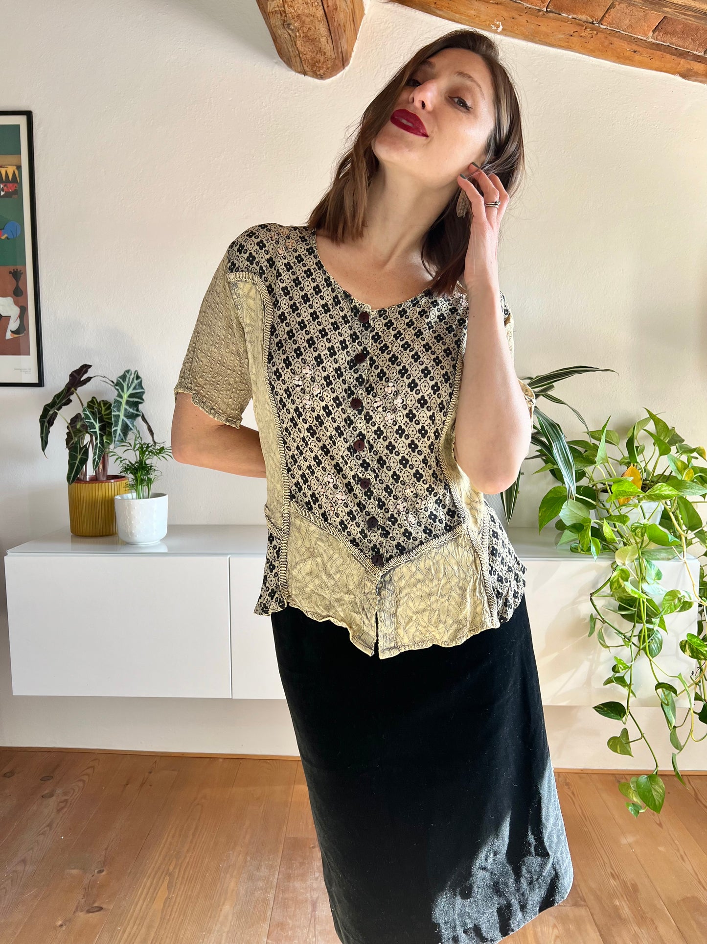 1990's vintage black and beige floral print blouse with sequin details