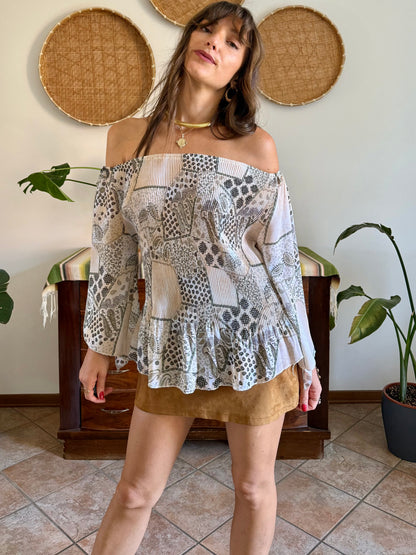 Y2k vintage belle sleeve sheer floral pleated blouse