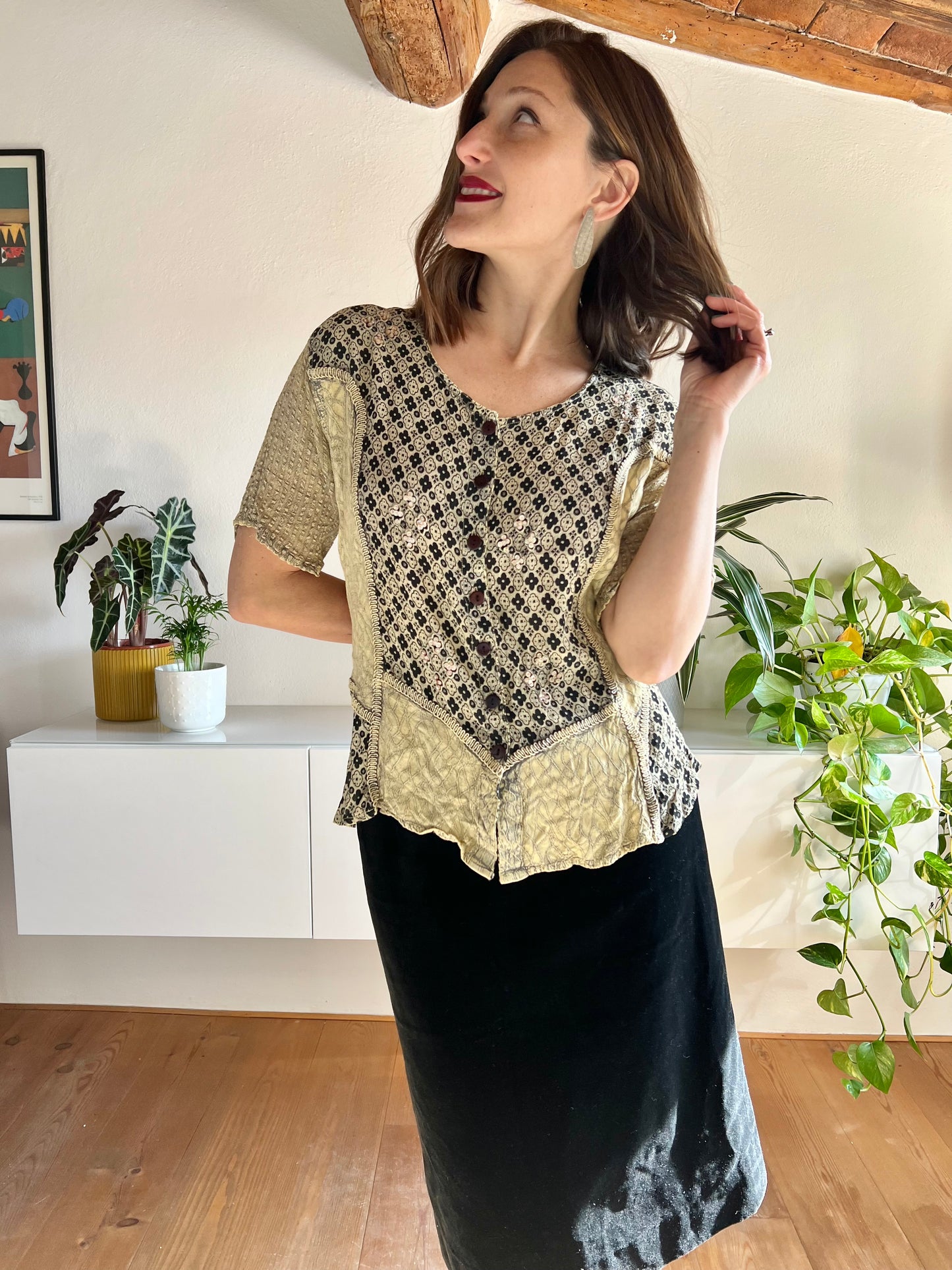 1990's vintage black and beige floral print blouse with sequin details