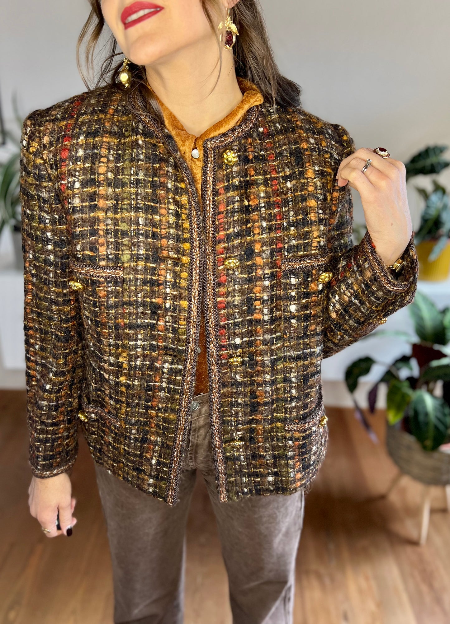 1970's vintage brown, orange and red boucle wool with brass flower buttons