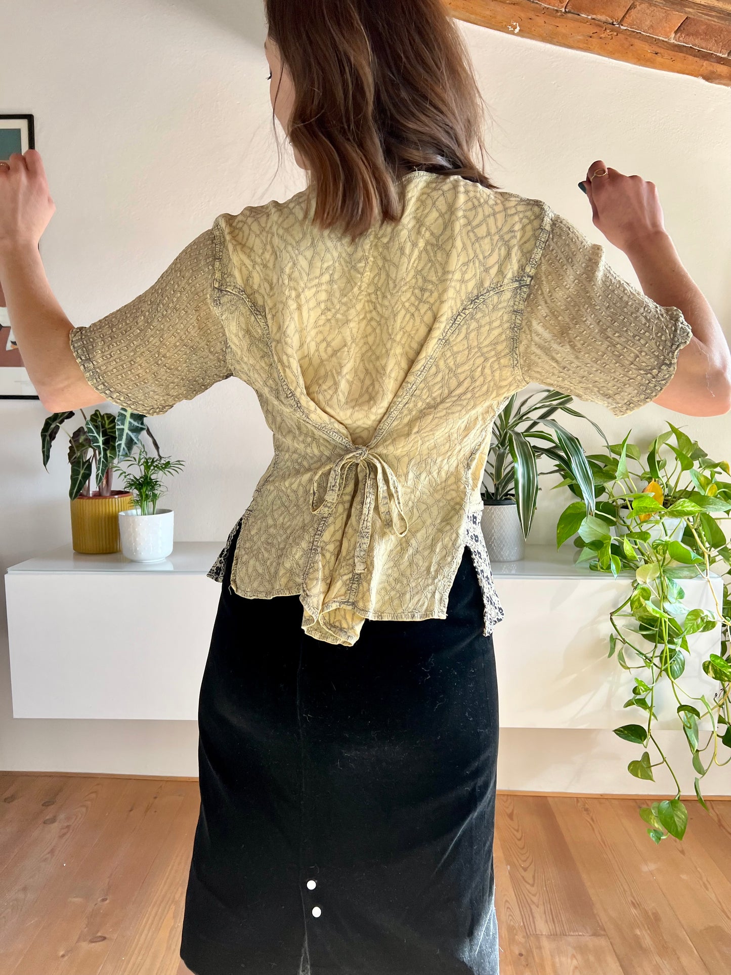 1990's vintage black and beige floral print blouse with sequin details