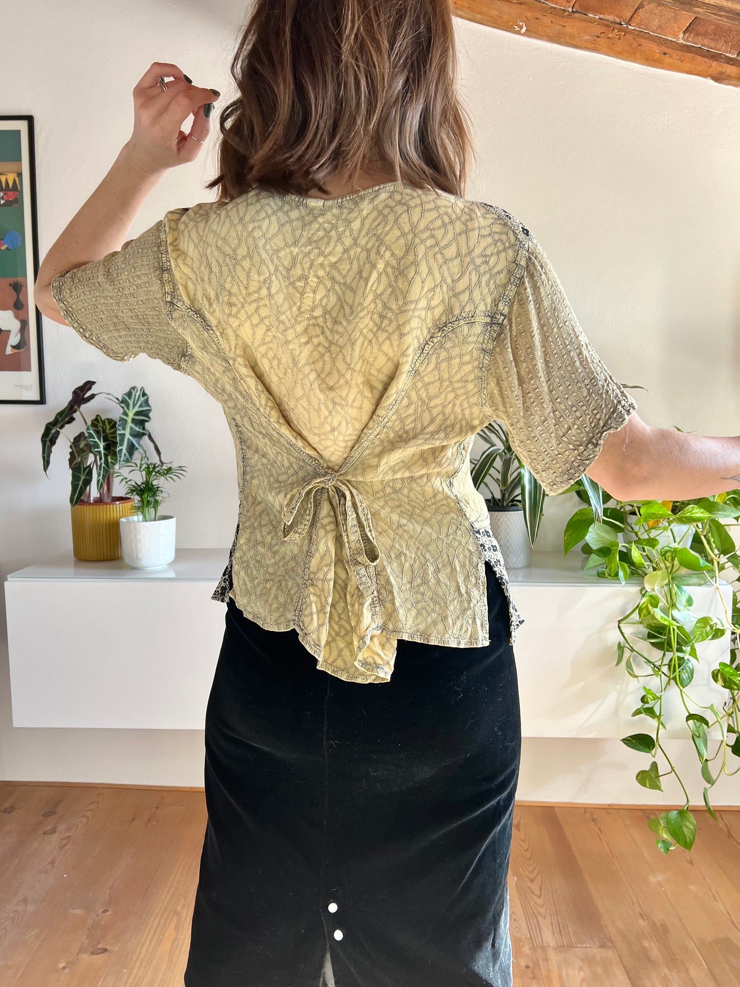 1990's vintage black and beige floral print blouse with sequin details