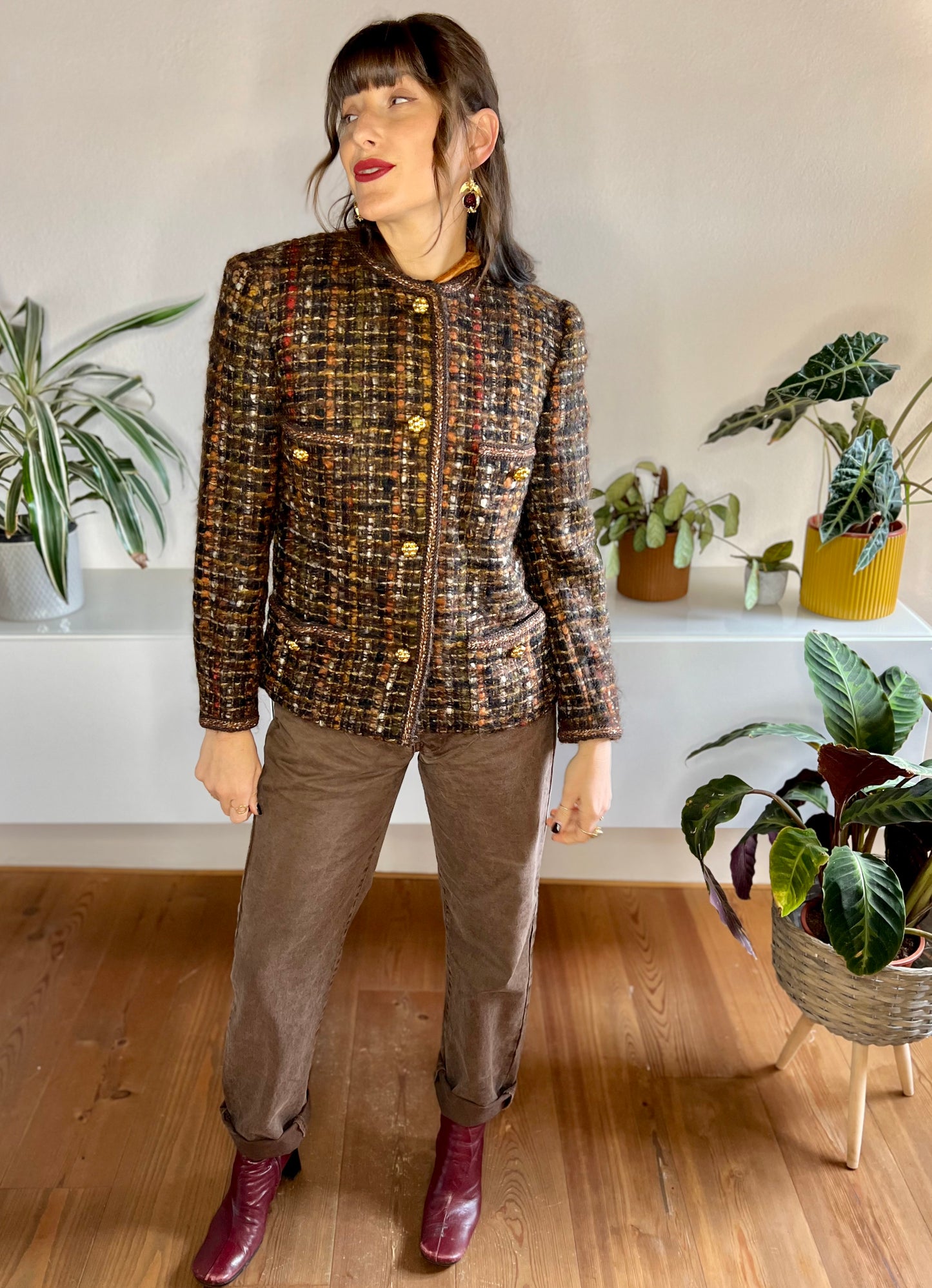 1970's vintage brown, orange and red boucle wool with brass flower buttons