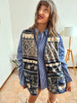 1970's vintage multi tonal blue and cream floral fleece vest