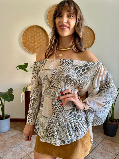 Y2k vintage belle sleeve sheer floral pleated blouse