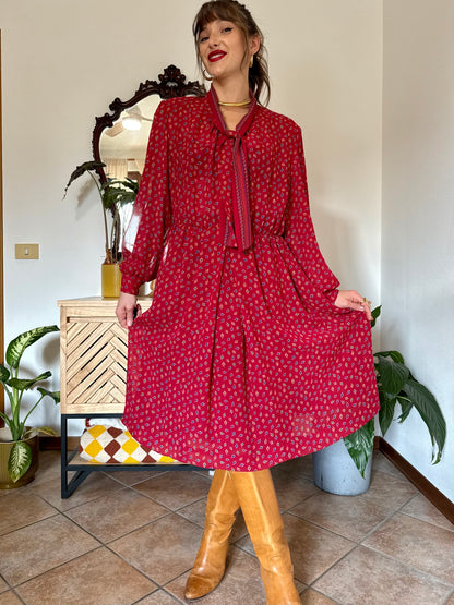 1970's vintage dark red bow tie dress with blue, green and orange leaf print midi dress