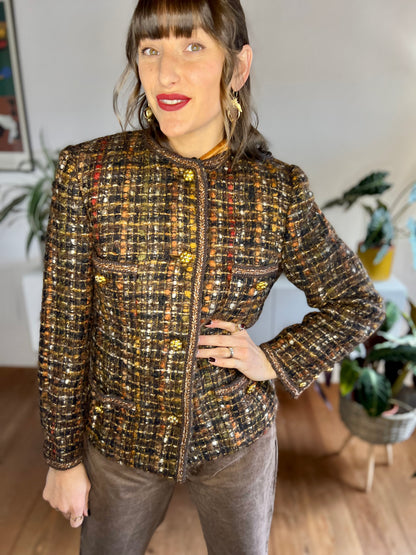 1970's vintage brown, orange and red boucle wool with brass flower buttons