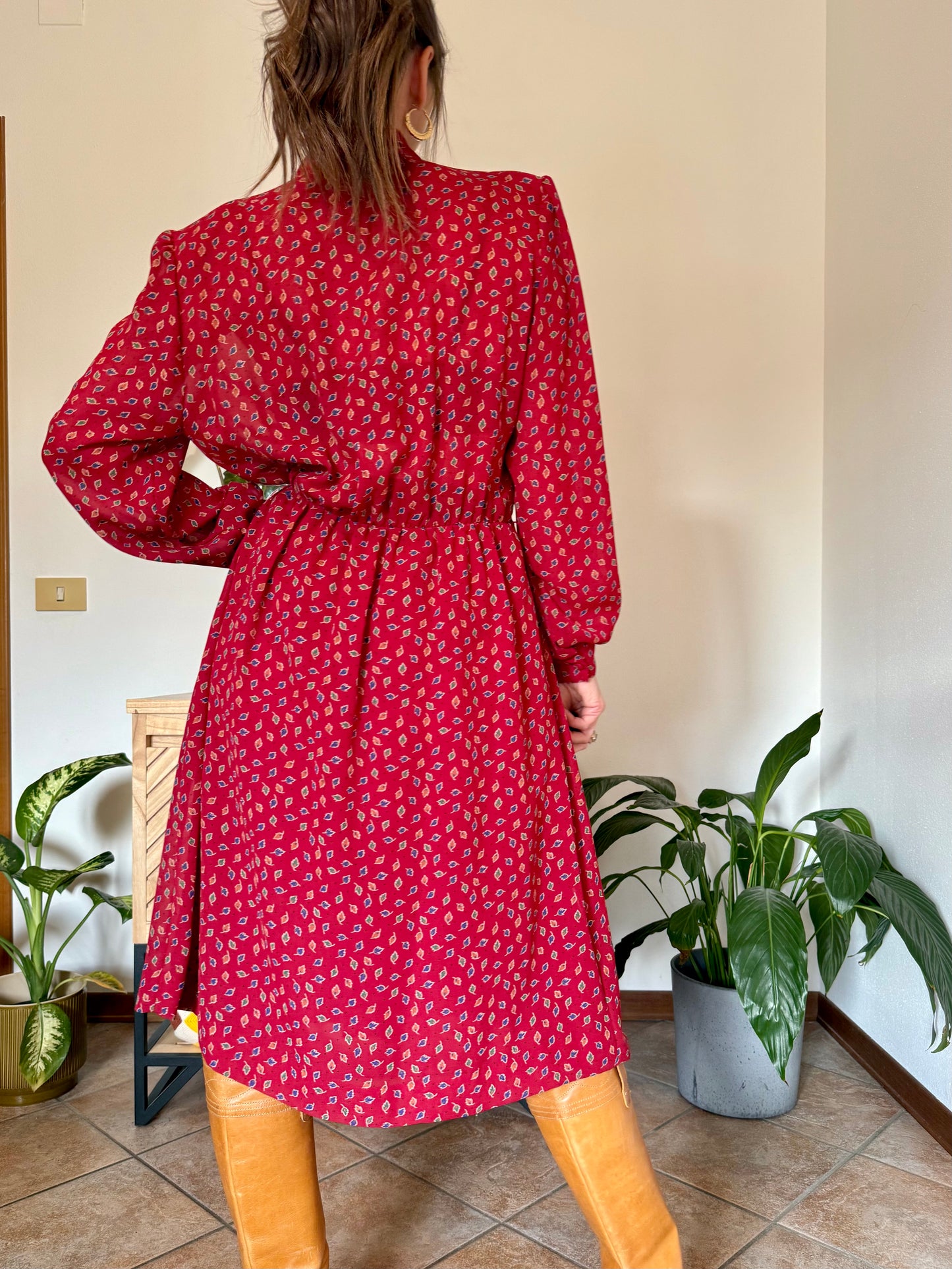 1970's vintage dark red bow tie dress with blue, green and orange leaf print midi dress