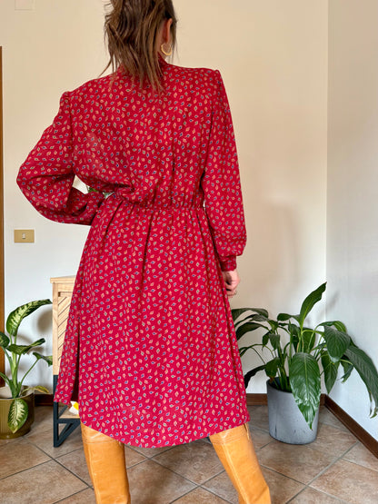 1970's vintage dark red bow tie dress with blue, green and orange leaf print midi dress