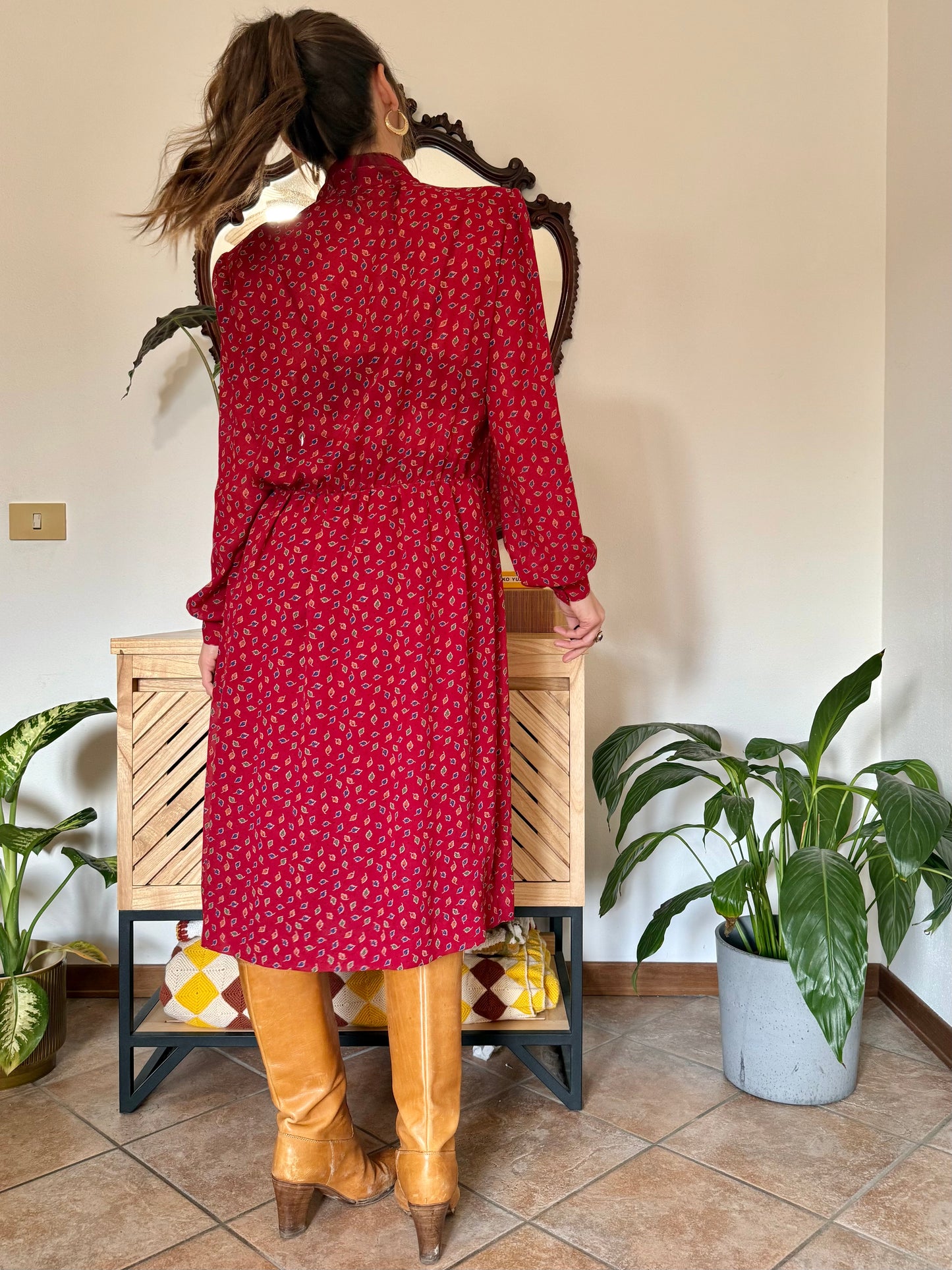 1970's vintage dark red bow tie dress with blue, green and orange leaf print midi dress