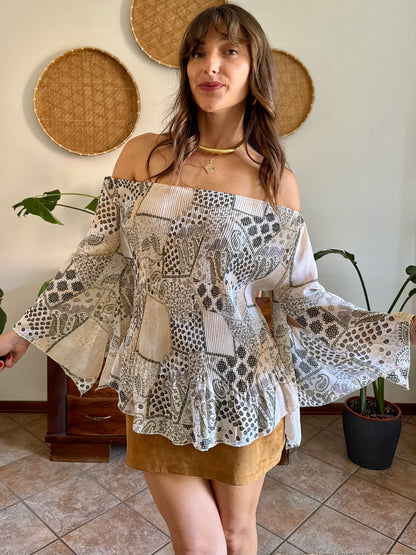 Y2k vintage belle sleeve sheer floral pleated blouse