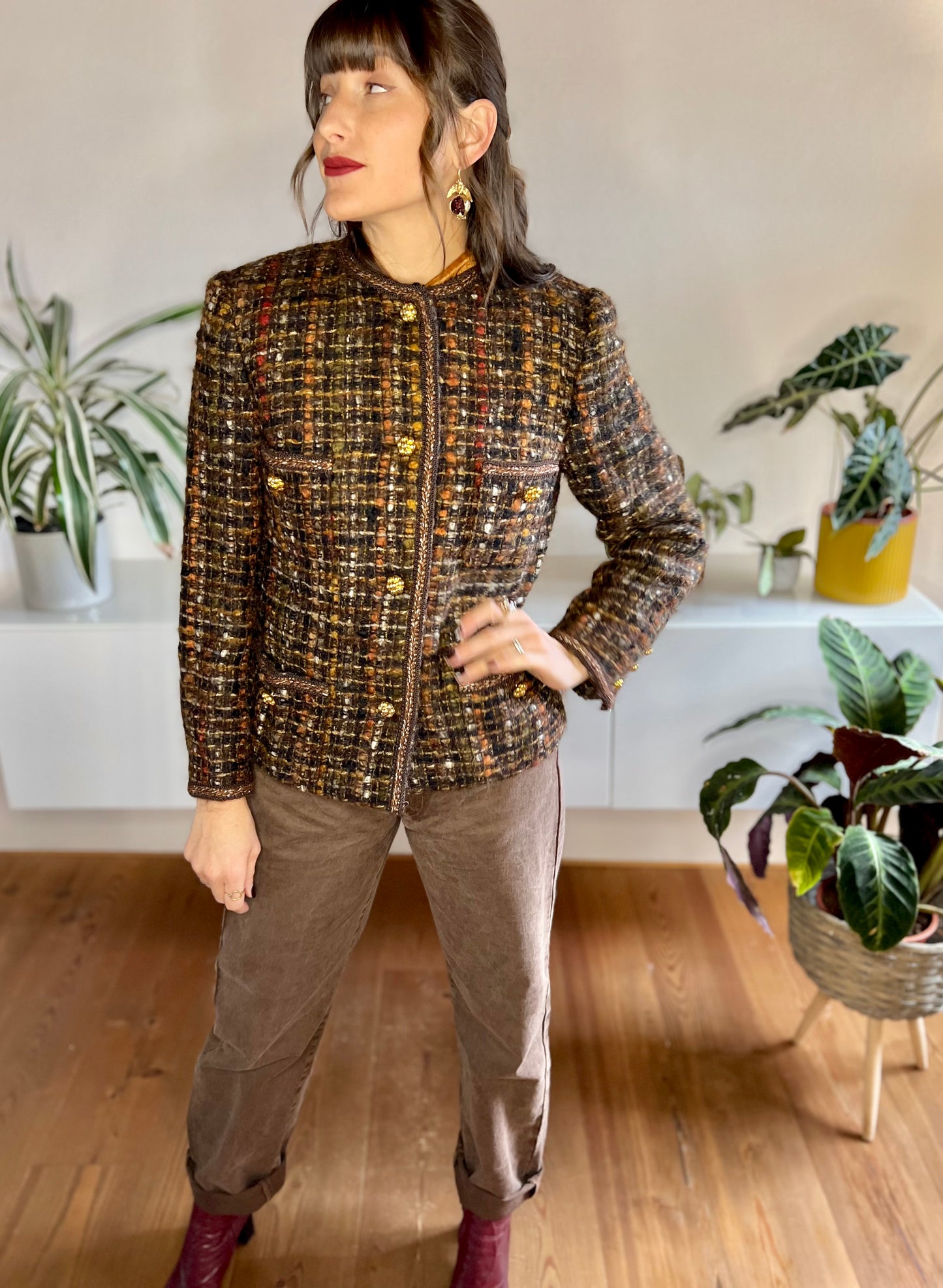 1970's vintage brown, orange and red boucle wool with brass flower buttons