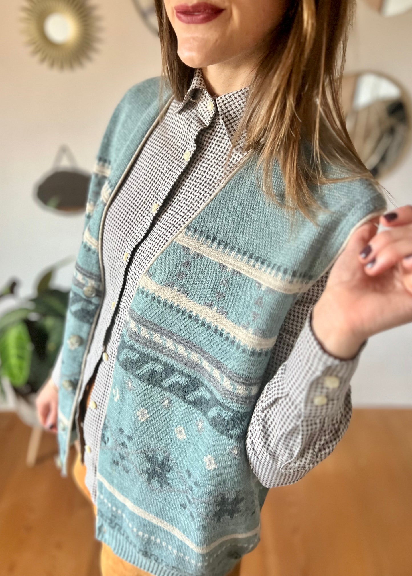 1970's vintage blue and grey geometric knit wool sweater vest