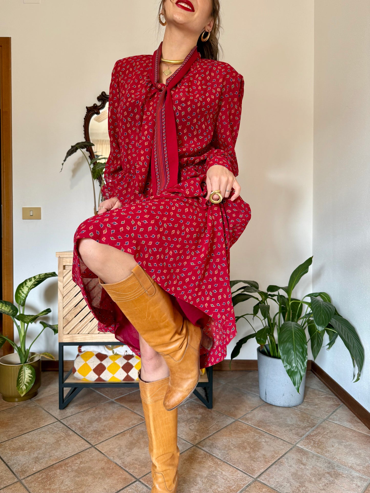 1970's vintage dark red bow tie dress with blue, green and orange leaf print midi dress