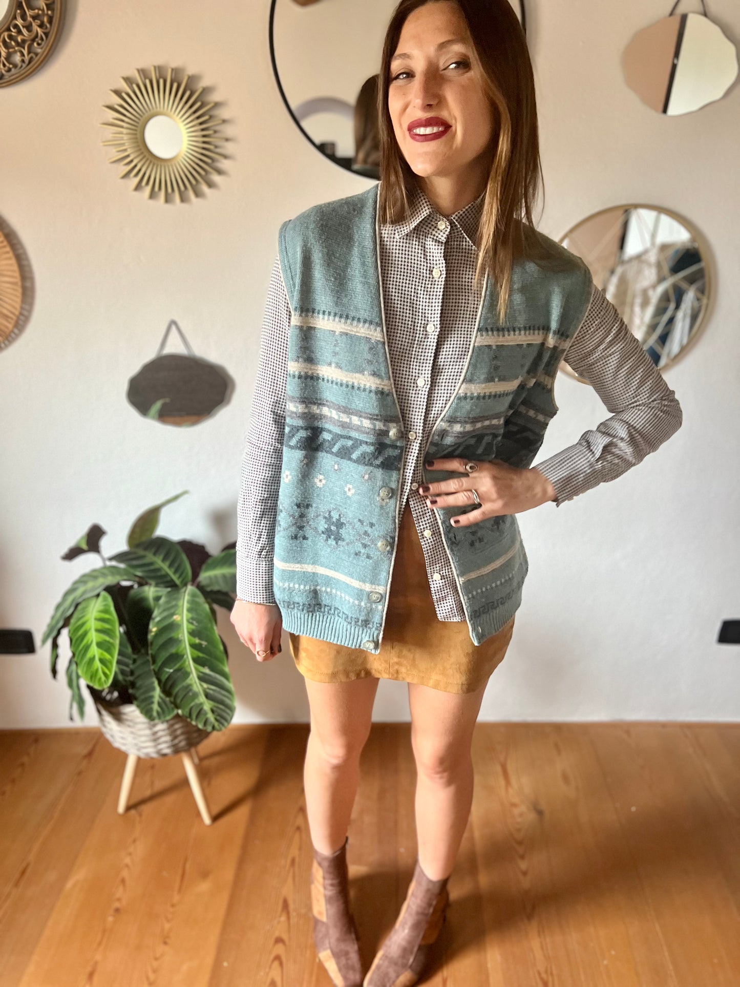 1970's vintage blue and grey geometric knit wool sweater vest