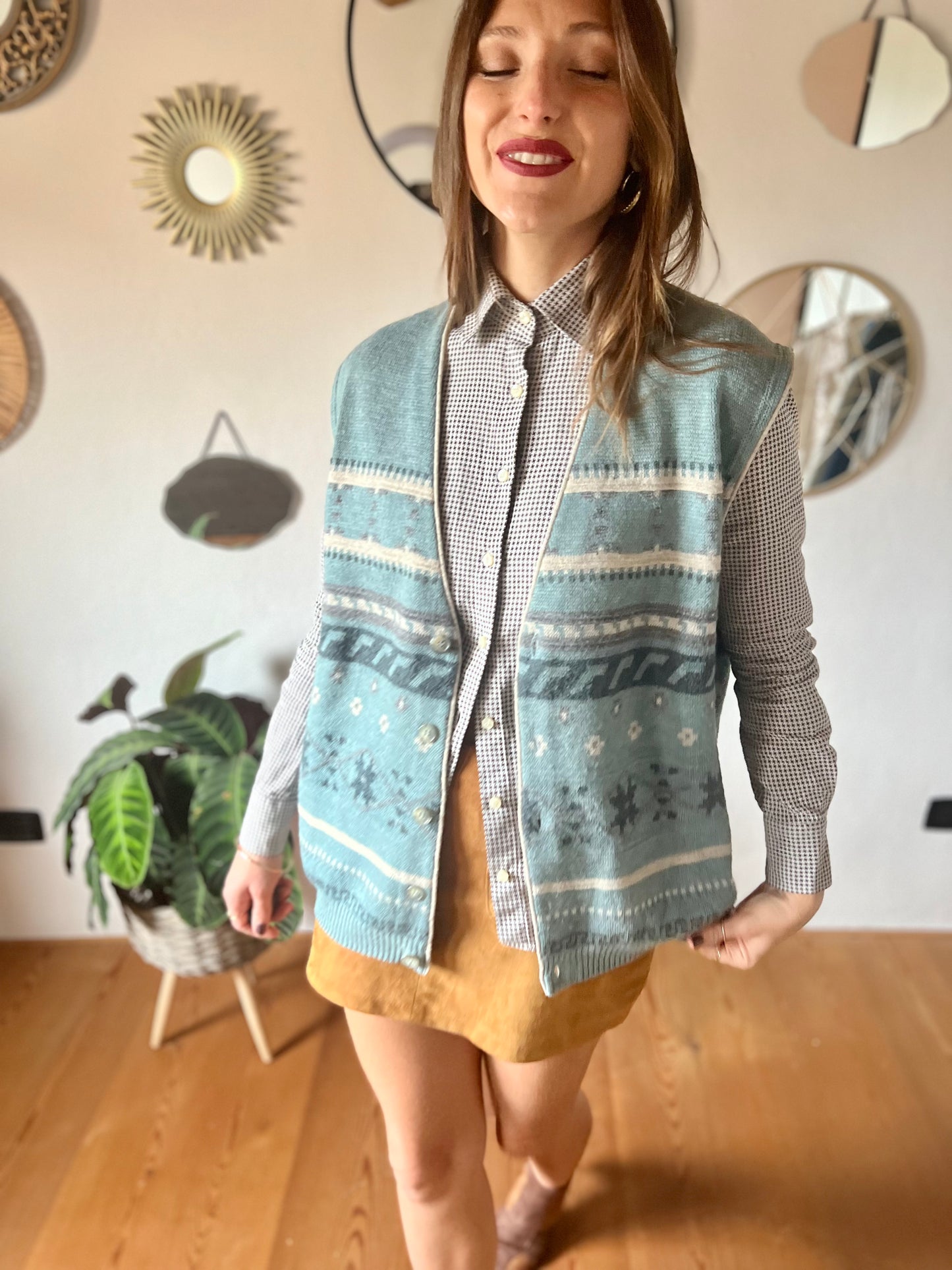 1970's vintage blue and grey geometric knit wool sweater vest