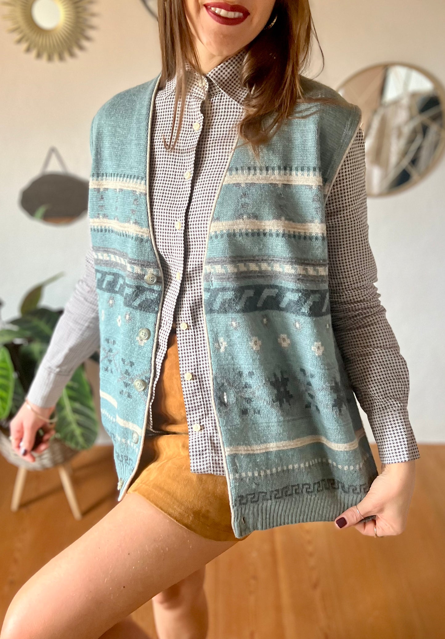 1970's vintage blue and grey geometric knit wool sweater vest