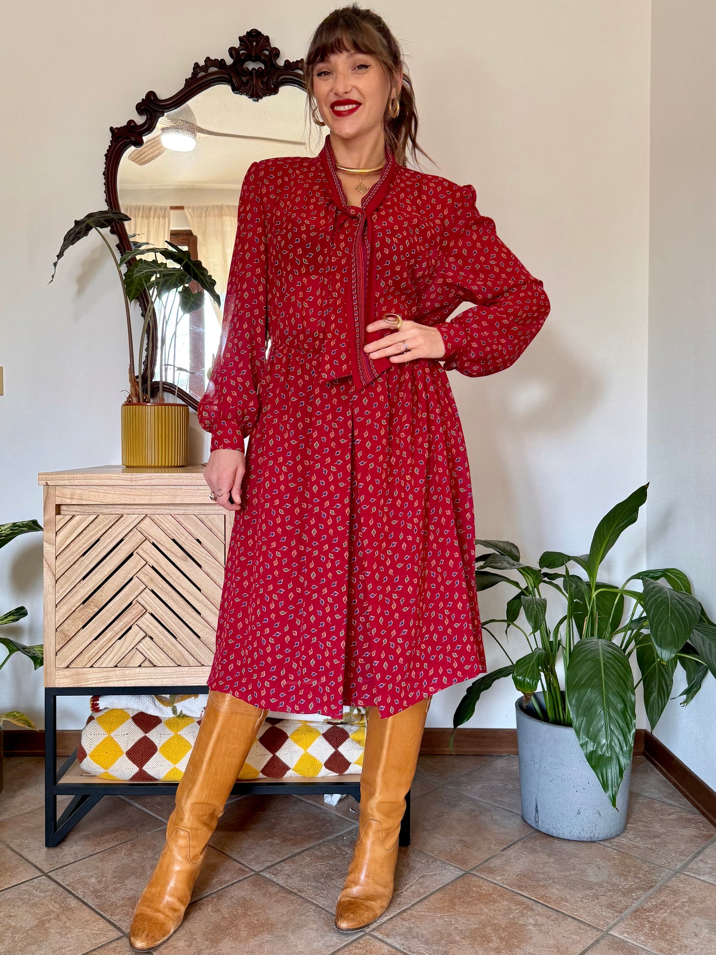 1970's vintage dark red bow tie dress with blue, green and orange leaf print midi dress