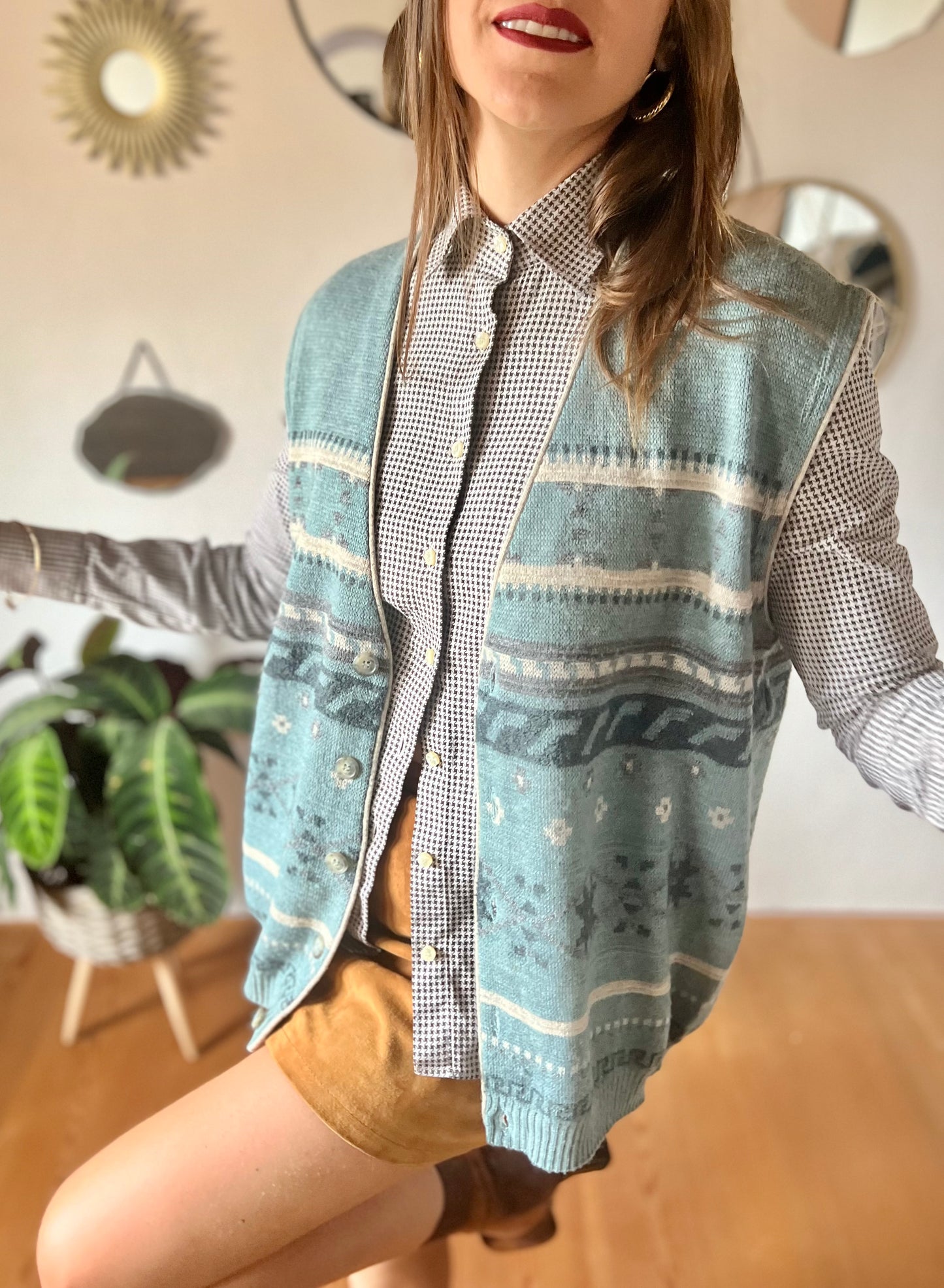 1970's vintage blue and grey geometric knit wool sweater vest