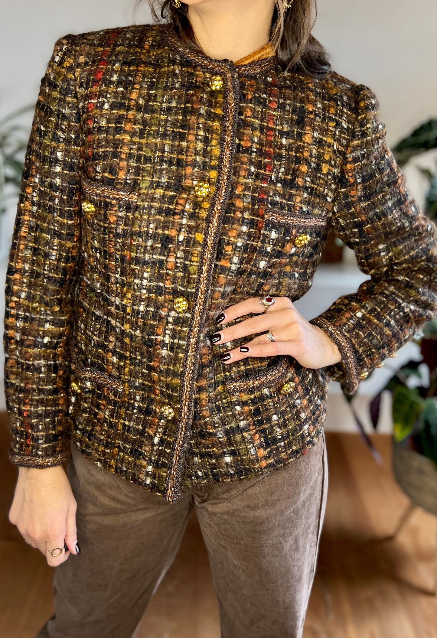 1970's vintage brown, orange and red boucle wool with brass flower buttons