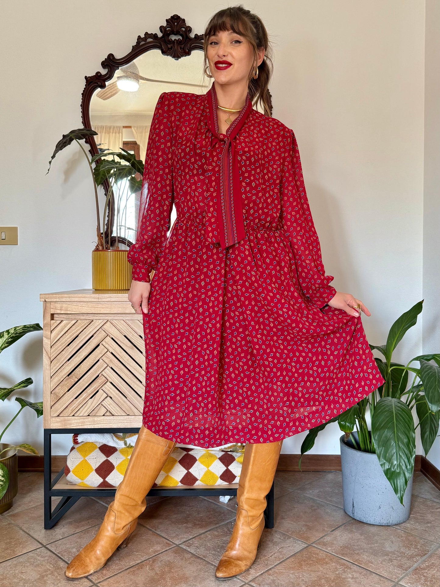 1970's vintage dark red bow tie dress with blue, green and orange leaf print midi dress