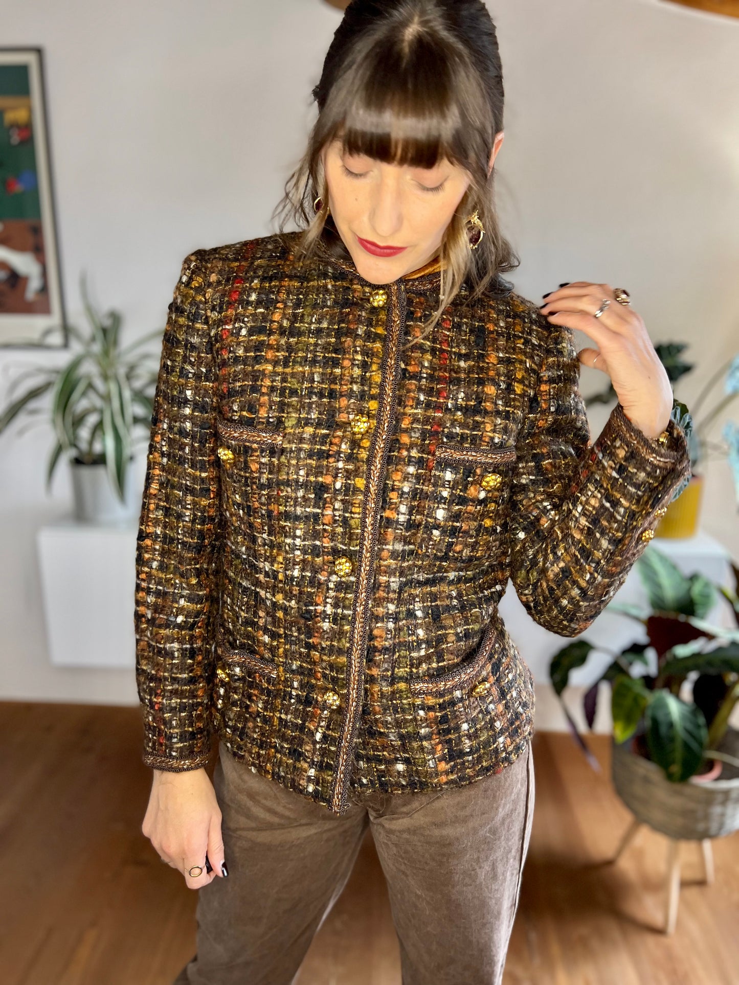 1970's vintage brown, orange and red boucle wool with brass flower buttons