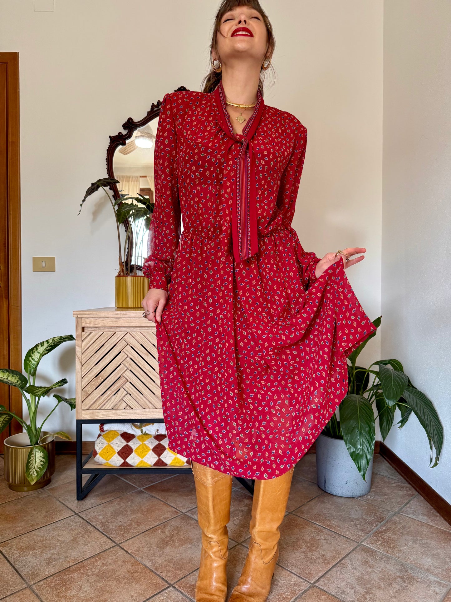 1970's vintage dark red bow tie dress with blue, green and orange leaf print midi dress