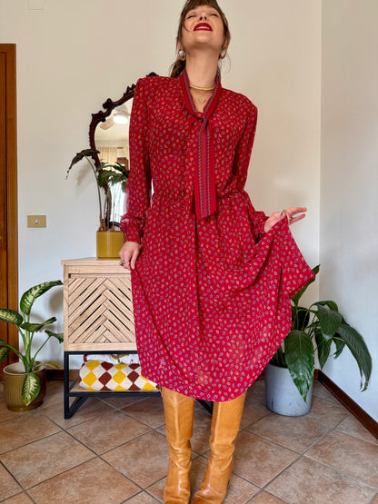 1970's vintage dark red bow tie dress with blue, green and orange leaf print midi dress