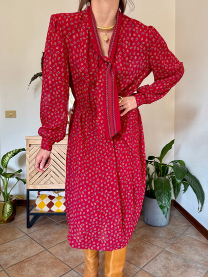 1970's vintage dark red bow tie dress with blue, green and orange leaf print midi dress