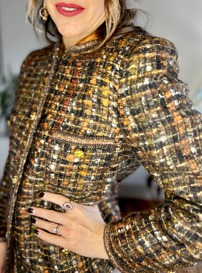 1970's vintage brown, orange and red boucle wool with brass flower buttons