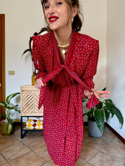 1970's vintage dark red bow tie dress with blue, green and orange leaf print midi dress