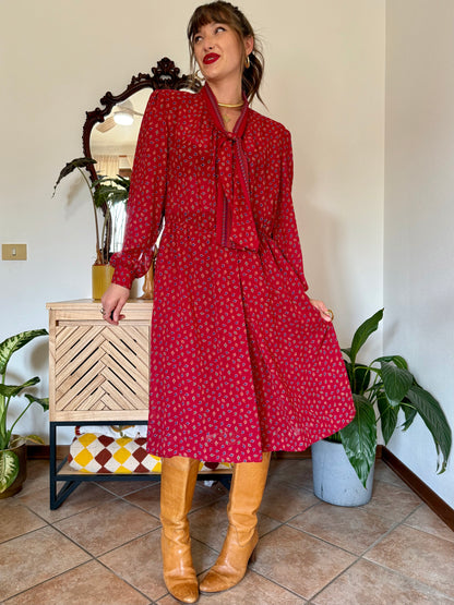 1970's vintage dark red bow tie dress with blue, green and orange leaf print midi dress