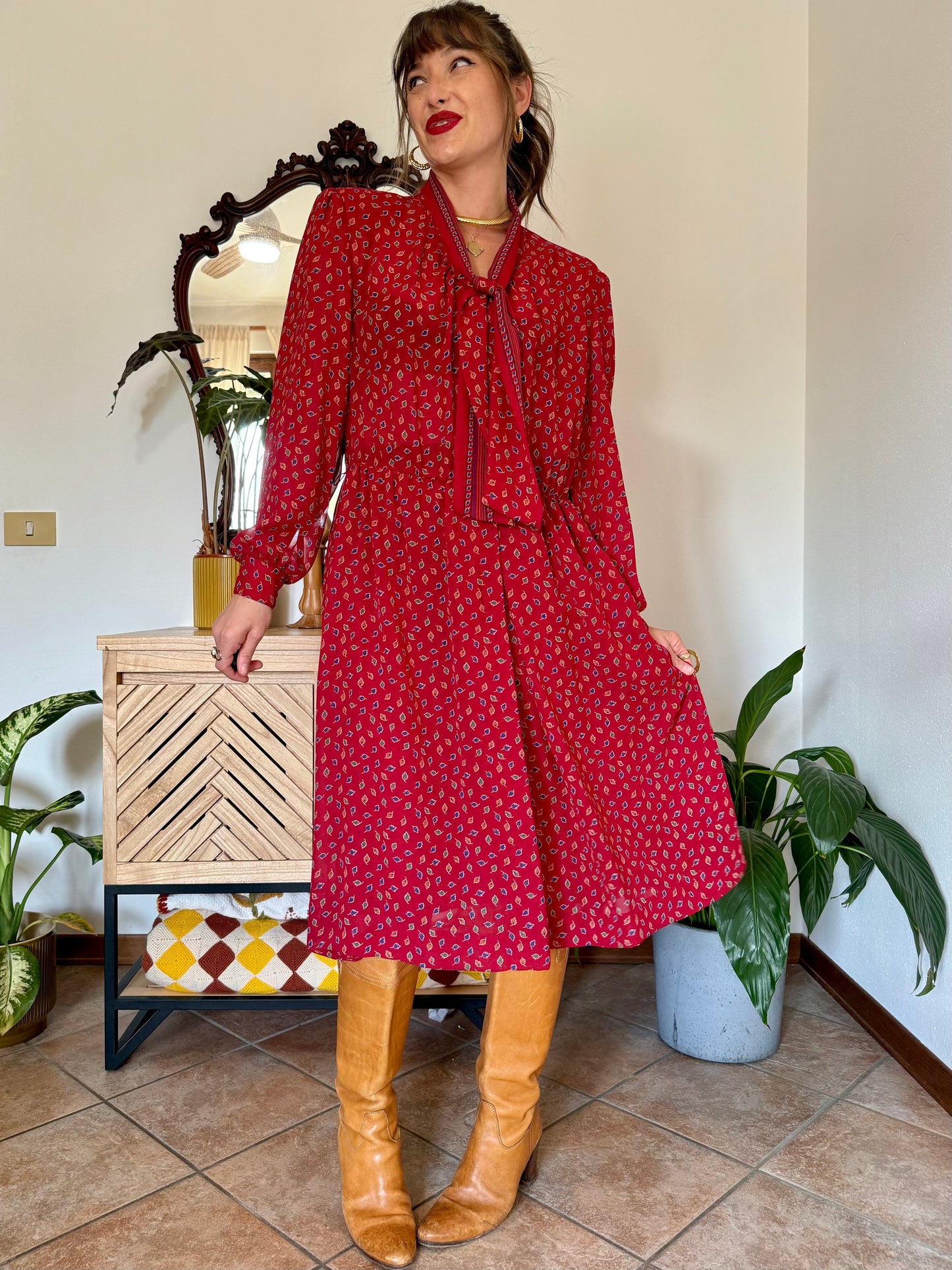 1970's vintage dark red bow tie dress with blue, green and orange leaf print midi dress