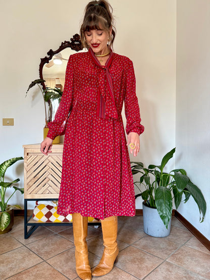 1970's vintage dark red bow tie dress with blue, green and orange leaf print midi dress