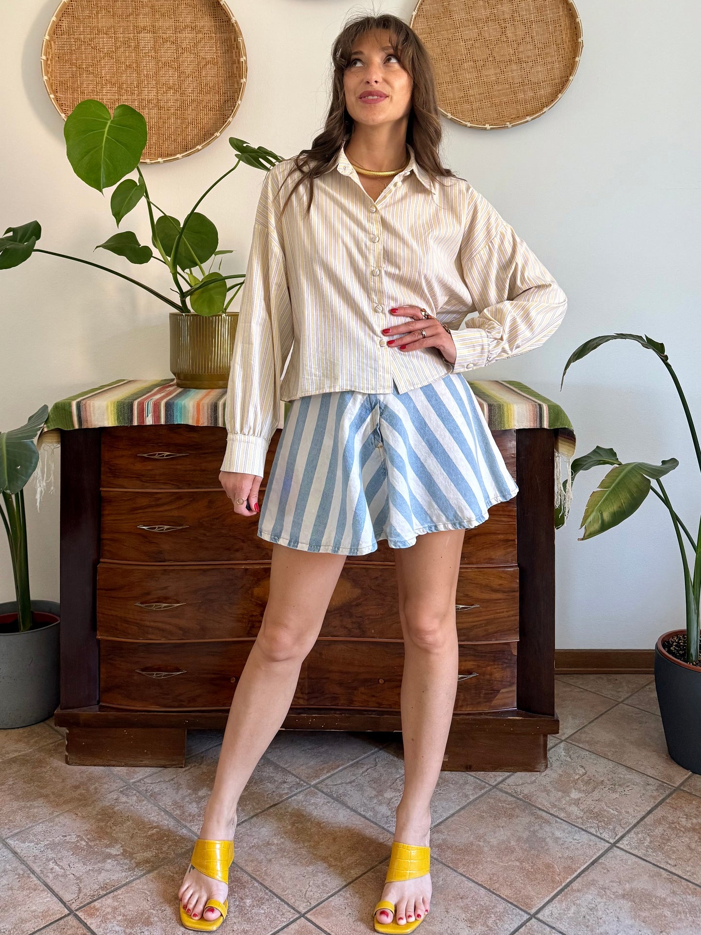Butter yellow, cream and lavender vertical stripe cropped shirt