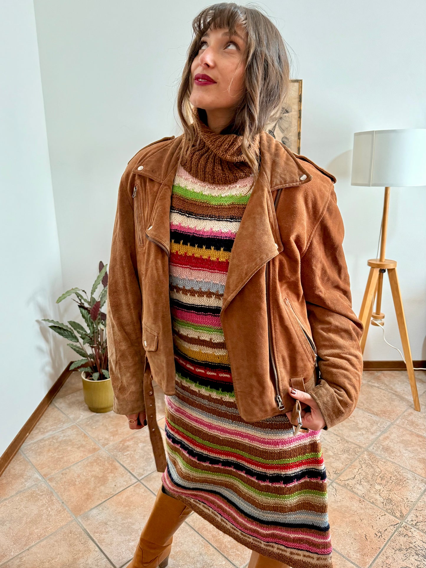 1970's vintage brown suede leather moto jacket with quilted lining