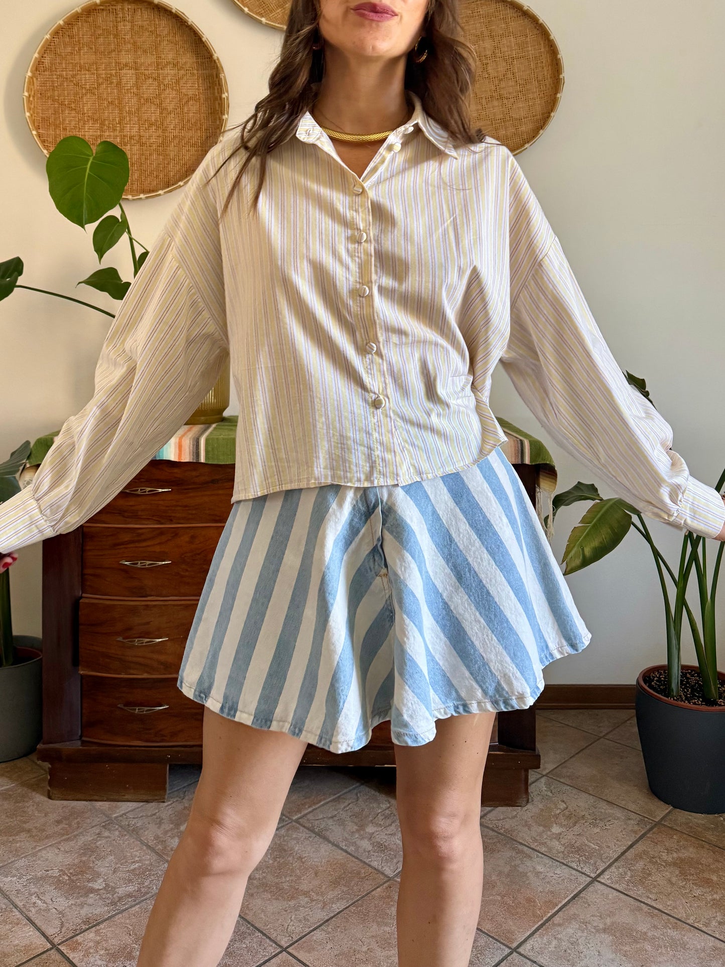 Butter yellow, cream and lavender vertical stripe cropped shirt