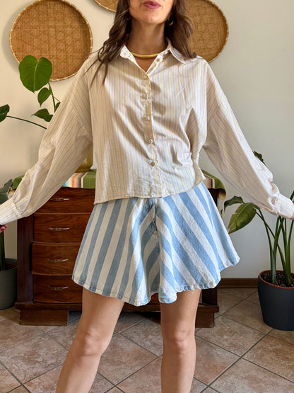 Butter yellow, cream and lavender vertical stripe cropped shirt