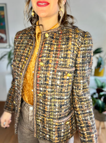 1970's vintage brown, orange and red boucle wool with brass flower buttons