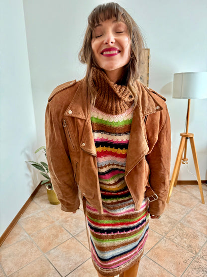 1970's vintage brown suede leather moto jacket with quilted lining