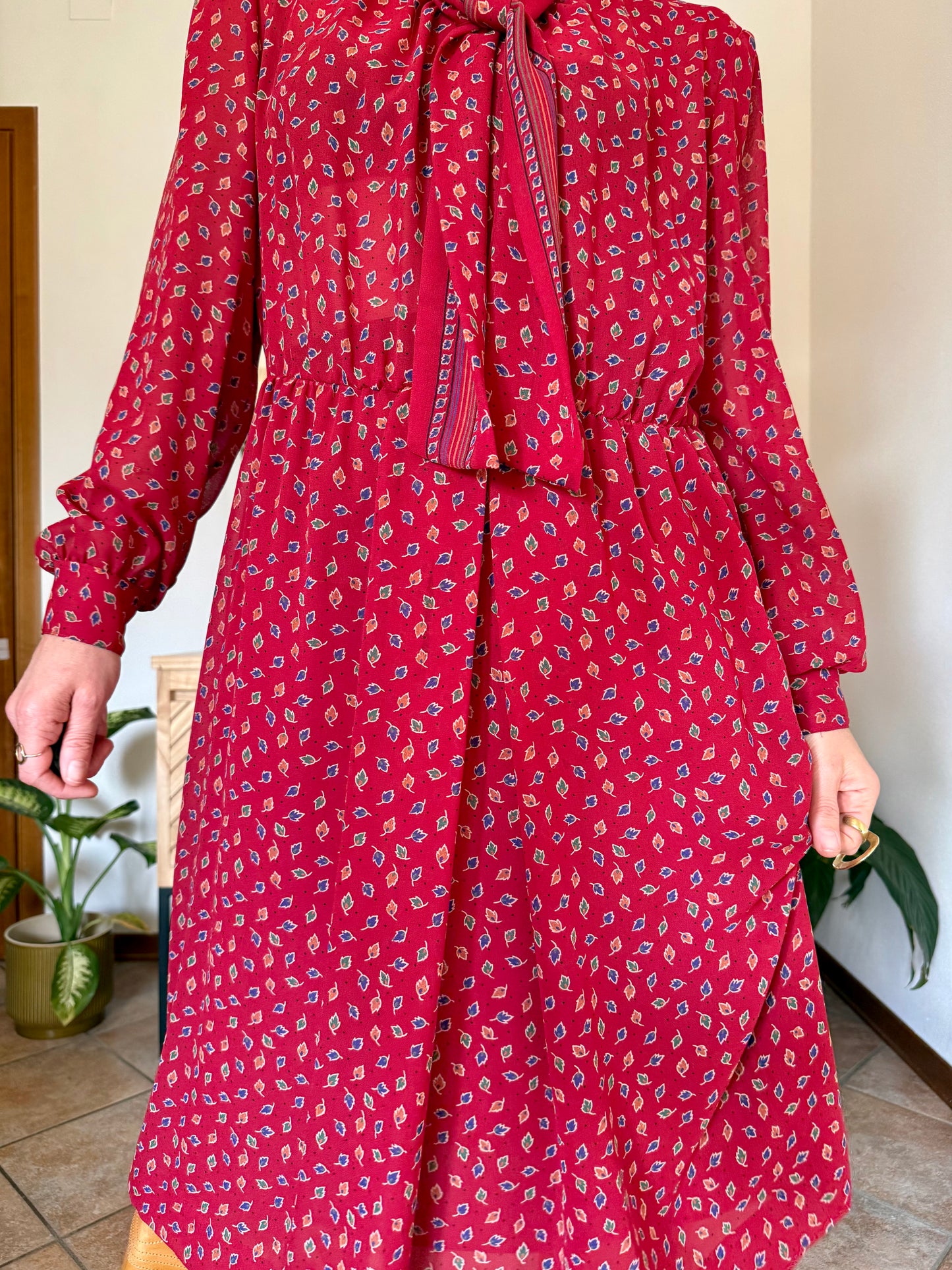 1970's vintage dark red bow tie dress with blue, green and orange leaf print midi dress