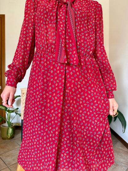 1970's vintage dark red bow tie dress with blue, green and orange leaf print midi dress
