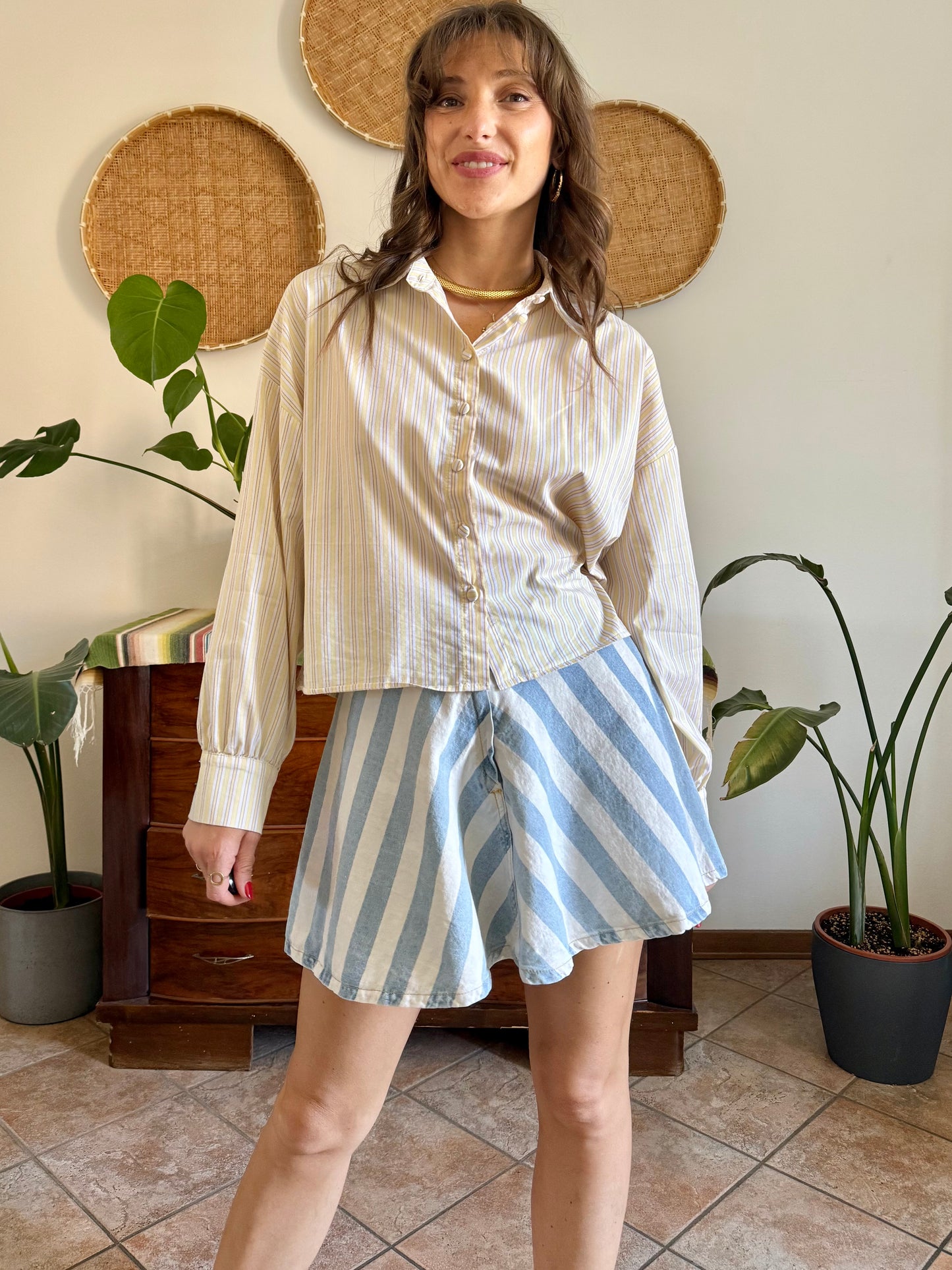 Butter yellow, cream and lavender vertical stripe cropped shirt