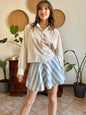 Butter yellow, cream and lavender vertical stripe cropped shirt
