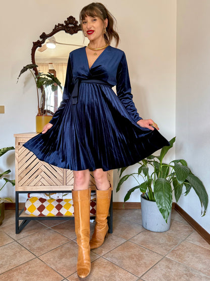 1990's vintage cobalt blue velvet pleated midi dress