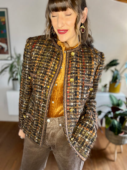 1970's vintage brown, orange and red boucle wool with brass flower buttons