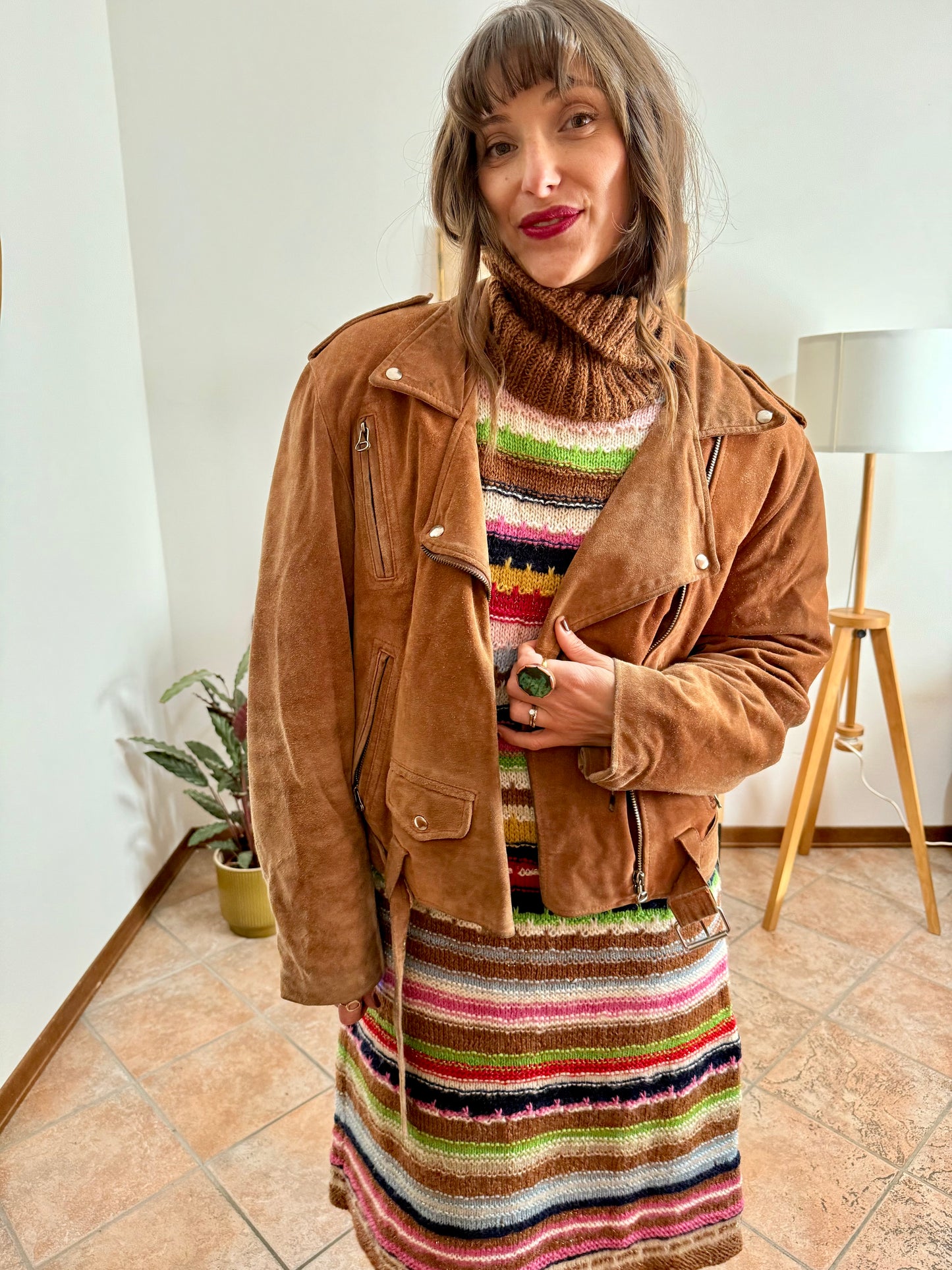 1970's vintage brown suede leather moto jacket with quilted lining