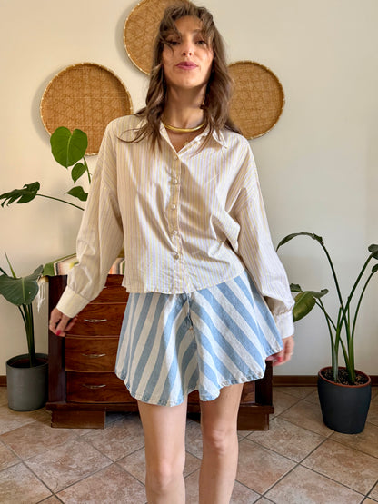 Butter yellow, cream and lavender vertical stripe cropped shirt