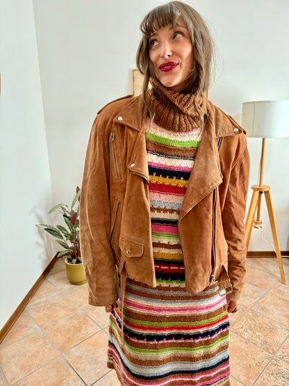 1970's vintage brown suede leather moto jacket with quilted lining